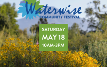 Waterwise Community Festival logo laid over a backdrop of native wild flowers and the event details posted below (May 18th, 2024 from 10 AM - 3 PM)